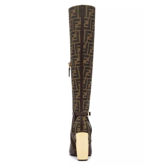 Fendi 105mm Traced Brown Leather Monogram FF Logo Motif Knee High Heel Boot 37 - Picture 16 of 16